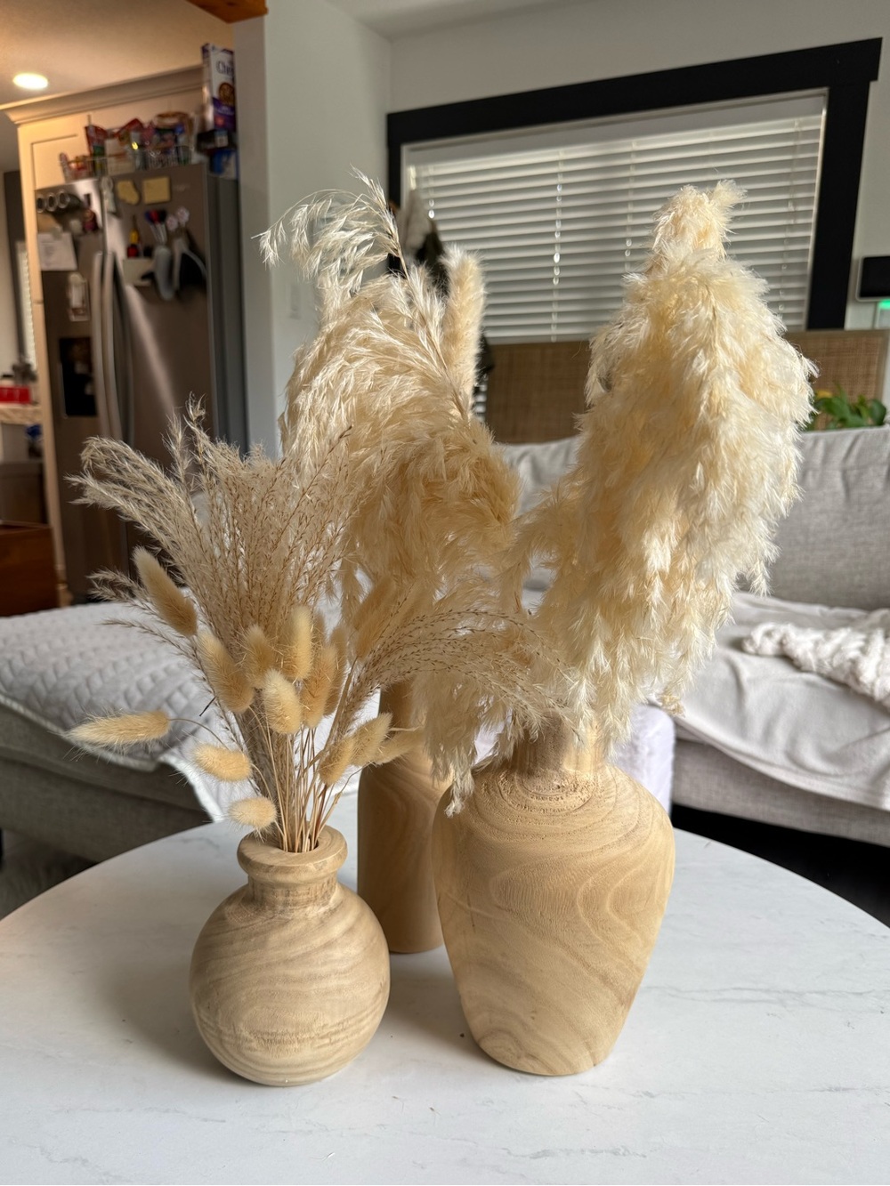 Handcrafted Paulownia Wood Vases Set of 3 w/ Pampas Grass Boho Decor